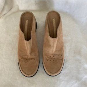 Via Spiga Camel Suede Wedge Mules